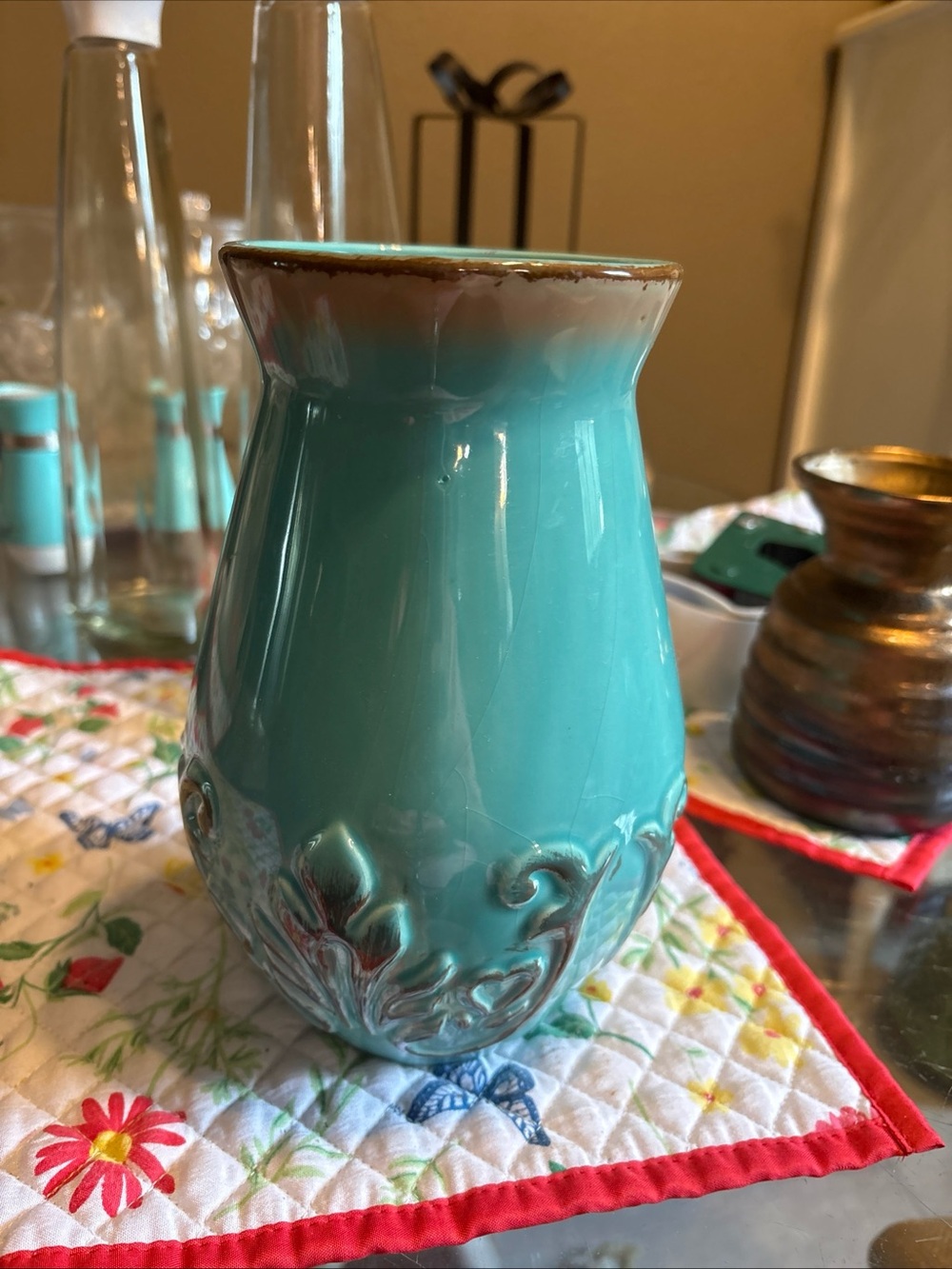 Turquoise Ceramic Accent Vase with Embossed Scroll Detail